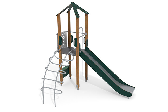 3D rendering af Play tower - ECO single tower fireman pole green