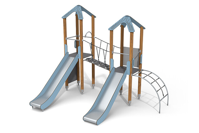 3D rendering af Play tower - ECO double tower two slides blue