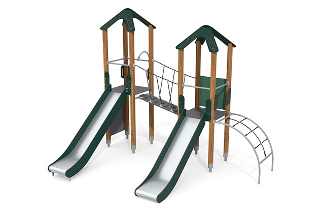 3D rendering af Play tower - ECO double tower two slides green