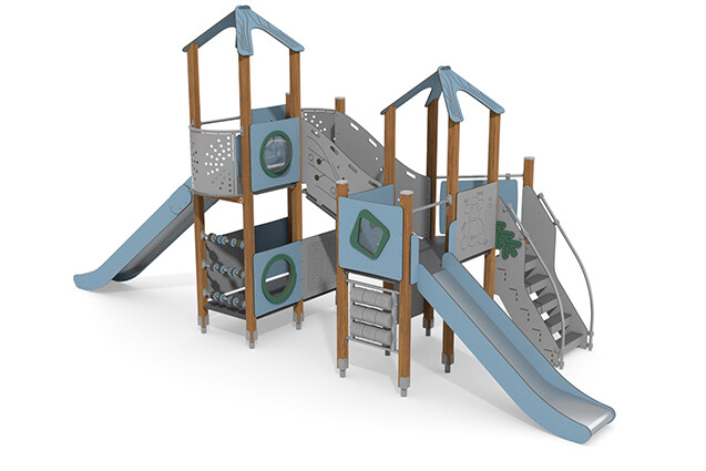 3D rendering af Play tower - ECO two towers with activity panels blue