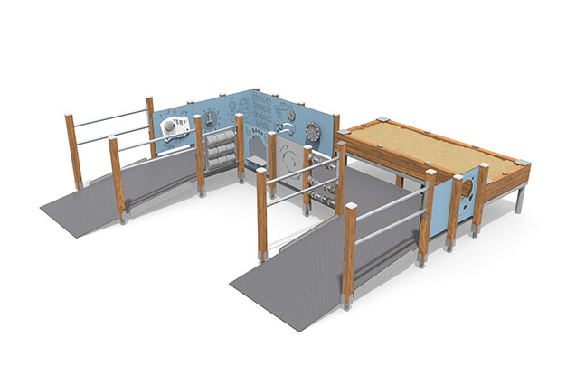 3D rendering af Play tower - ECO play environment with wheelchair ramp blue