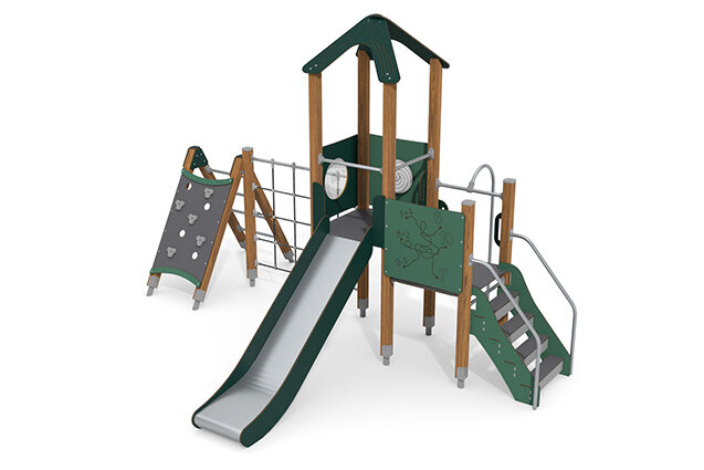 3D rendering af Play tower - ECO single tower climbing net green