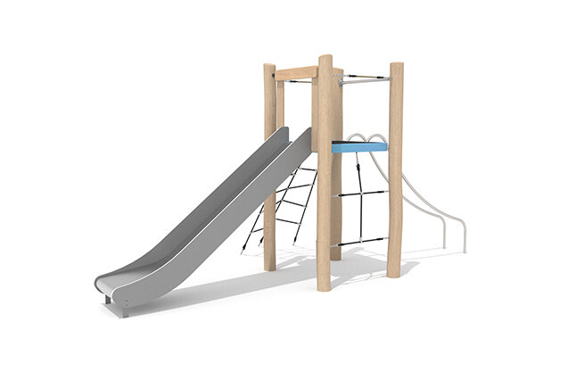 3D rendering af Play tower - Robinia Scandic single tower with slide and climbing elements
