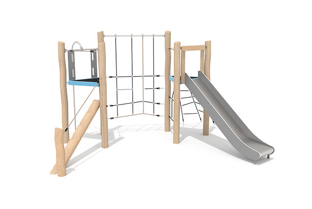 3D rendering af Play tower - Robinia Scandic double tower with climbing net and balance beam