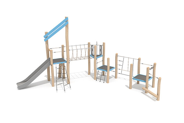 3D rendering af Play tower - Robinia Scandic triple tower with climbing net and rope bridge