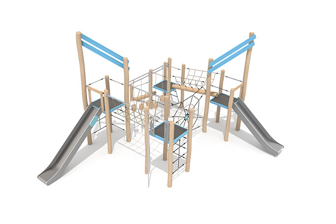 3D rendering af Play tower - Robinia Scandic four towers with slides and climbing nets