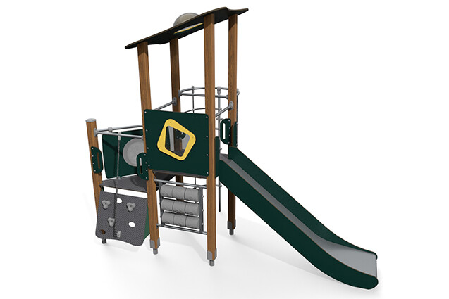 3D rendering af Play tower - ECO single tower platform rope tunnel green