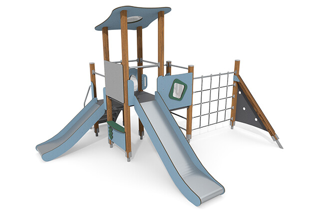 3D rendering af Play tower - ECO single tower two slides blue
