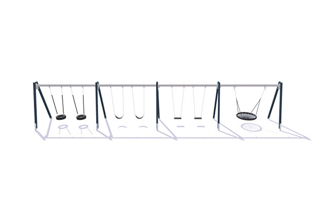 3D rendering af Swing set - bird's nest, two tyres, two classic and two saddle A-frame larch and steel h 2.4m