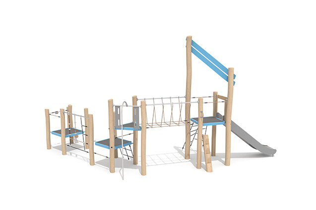 Play tower - Robinia Scandic triple tower with climbing net and rope bridge